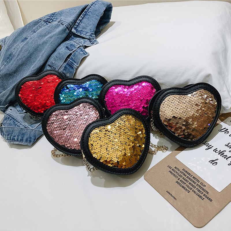 Europe Cute Girls Sequins Coin Purses Heart-shaped Princess Mini Glitter Paillette Bag Kids Chain Messenger Bag Wallets