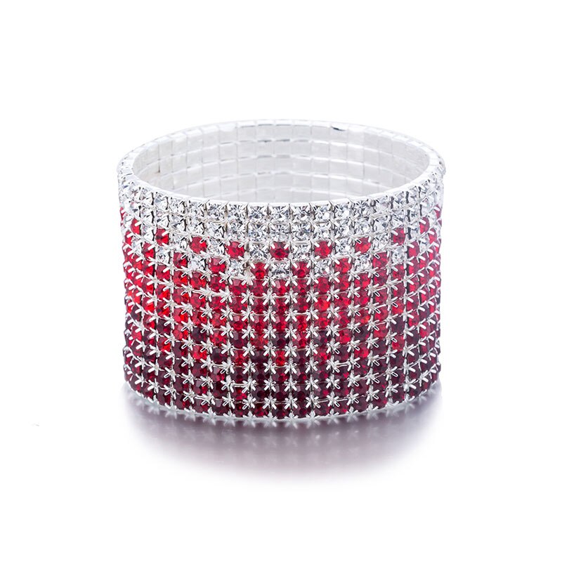 12 Rijen Bruiloft Armband Red En Clear Crystal Strass Combinatie Verzilverd Bridal Sieraden Stretch Bangle Armbanden: red