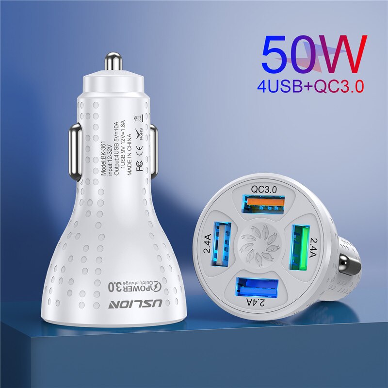 USLION 50W 4 porty ładowarka samochodowa USB QC4.0 QC3.0 Mini szybkie ładowanie dla iPhone 13 11 Xiaomi Huawei ładowarka do telefonu Adapter W samochodzie: 4 Ports White