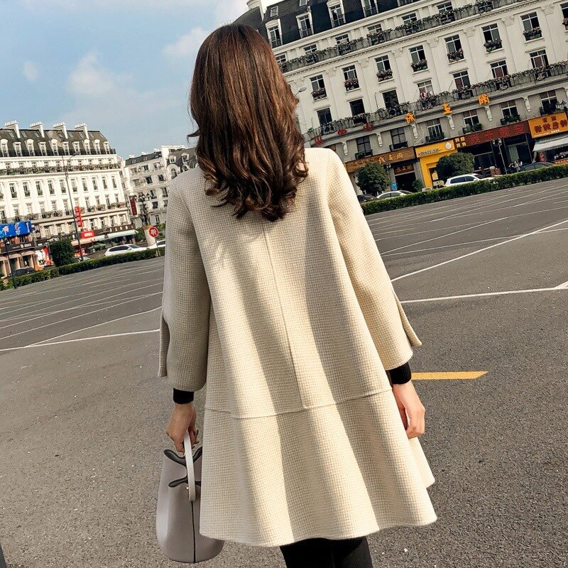 Veste en laine mi-longue pour femme, manteau de bureau, coréen, automne hiver , nouvelle Cape ample, petit mille oiseaux, treillis