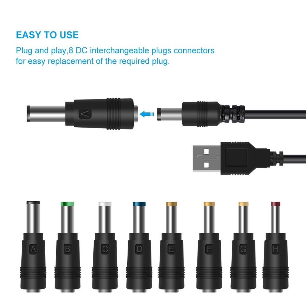 8 in 1 Universele USB naar DC Jack Opladen Kabel Netsnoer met 8 Verwisselbare Stekkers Connectoren Adapter voor Router, mini Fan