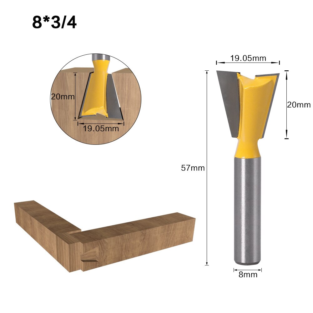 1PC 8MM Shank Milling Cutter Wood Carving Dovetail Joint Router Bits Set 14 Degree Woodworking Engraving Bit Milling Cutter Wood: 8X19.05
