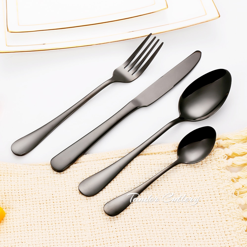 8/12/16/20PCS Couverts en Or Noir Vaisselle Vaisselle En Acier Inoxydable Miroir Couteau Fourchette Cuillère Couverts Pour La Cuisine À Domicile