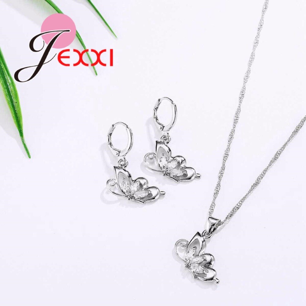 925 Sterling Silver Jewelry Sets for Women Wedding Necklace Pendant Hoop Earrings Cubic Zirconia Butterfly