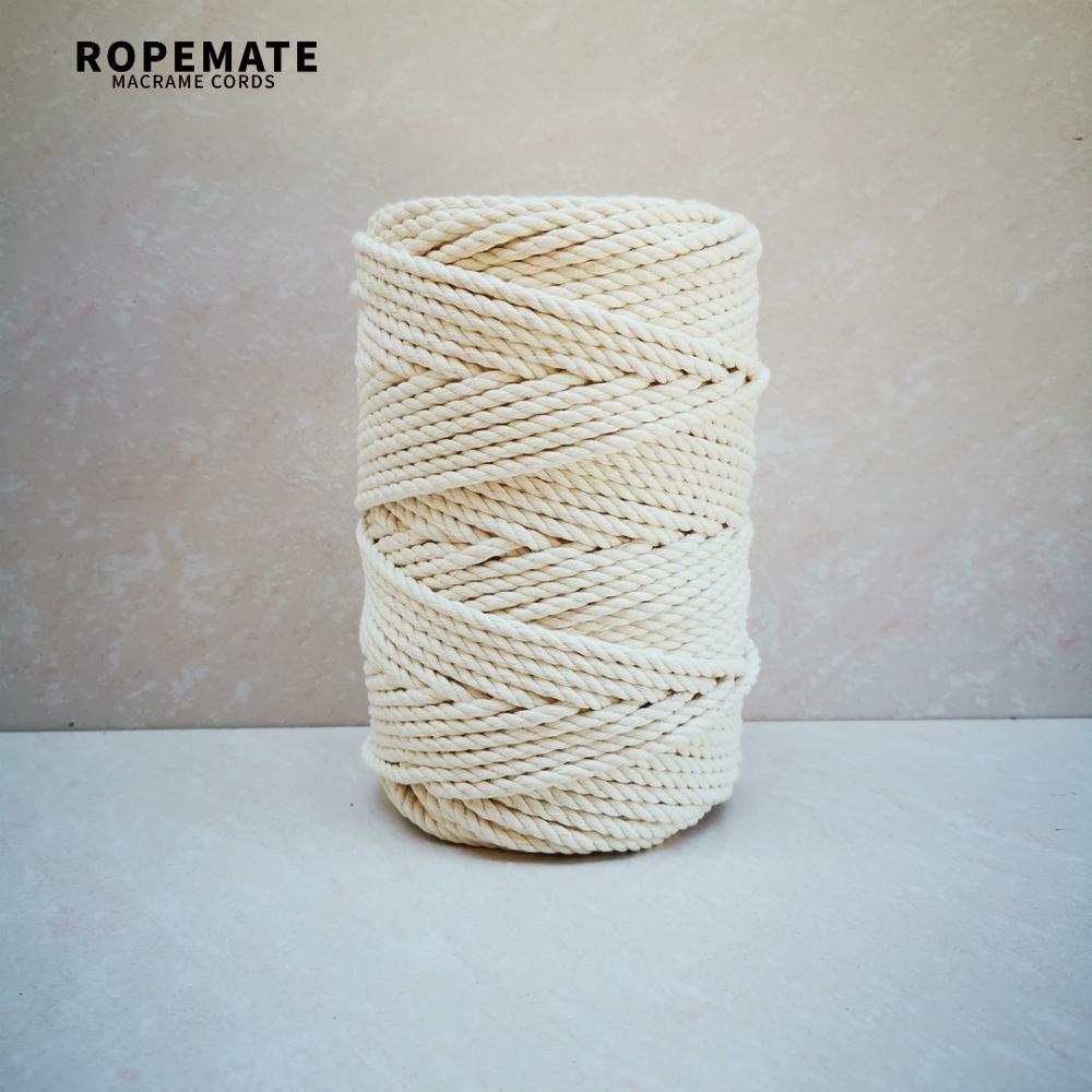 Ropemate premium blød bomuldssnor 3 mm 4mm 5mm 100m - 3- lags - naturlig farve til håndværk diy indretning