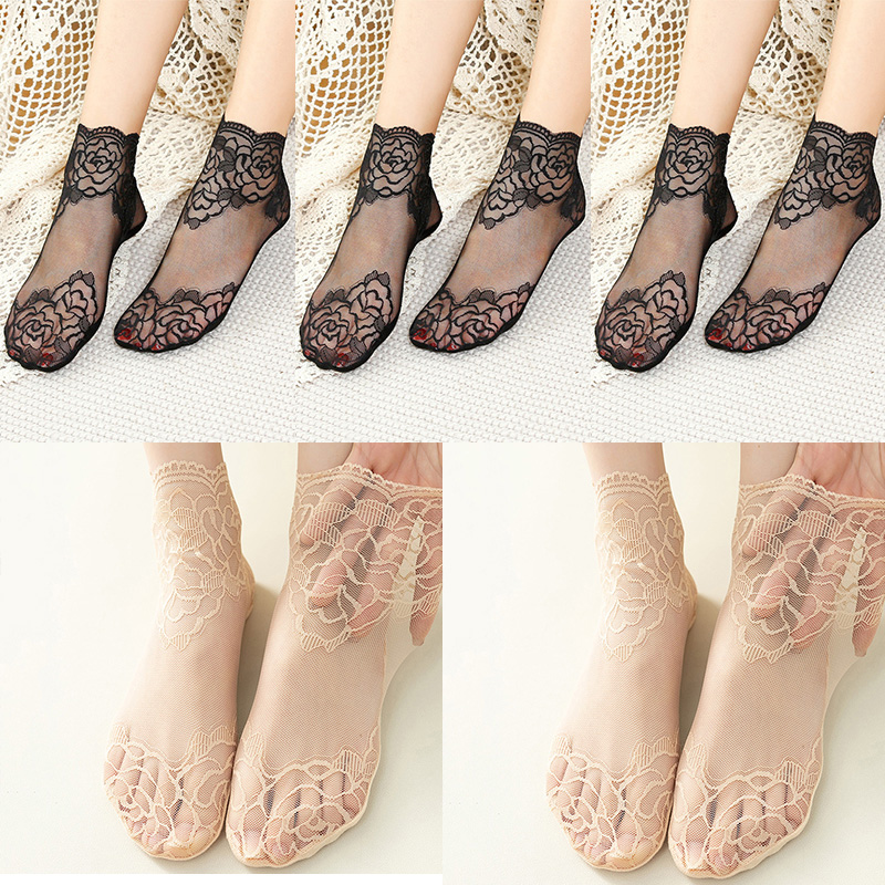 calcetines mujer calcetines tobilleros mujer calcetines invisibles mujer verano Lolita-Calcetines invisibles de encaje para mujer, medias finas, transparentes, antideslizantes y poco profundas, lote de 5 pares