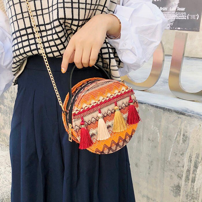 Straw Ladies Tassel Tote Bag Round Shoulder Bags Circle Shape Chain Purse And Handbags Mini Bolsa: 2