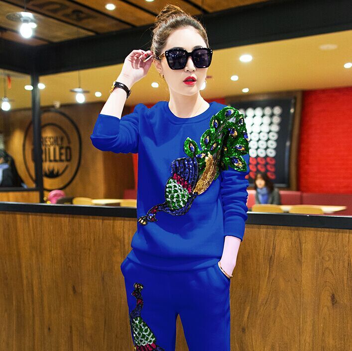 Spring Women's Casual Suits Female Peacock Phoenix Sequins Tracksuits Clothes Woman 2 Piece Set Plus Size