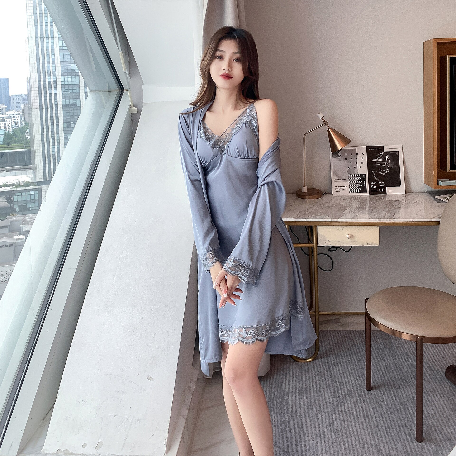 Pink Silk Rayon Nighty&amp;Robe Set Nightgown Sexy Lace Wedding Robe Sleepwear Spring Summer Kimono Bathrobe Gown Loose Home Dress: Gray Robe Set / M