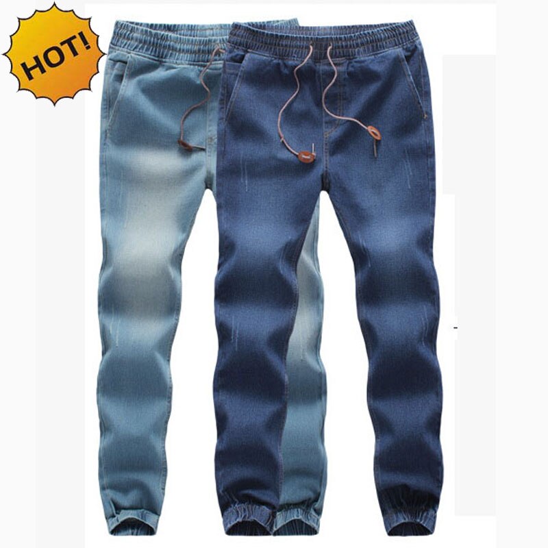 Høj kvalitet mænd elastisk talje denim jeans ankelbåndede bukser herre snoretræk stretch ben haremsbukser plus størrelse m - 5xl