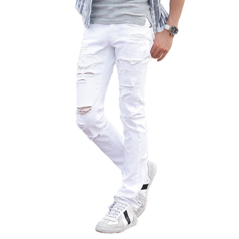 European and American white ripped jeans super skinny Japanese men ragged jeans