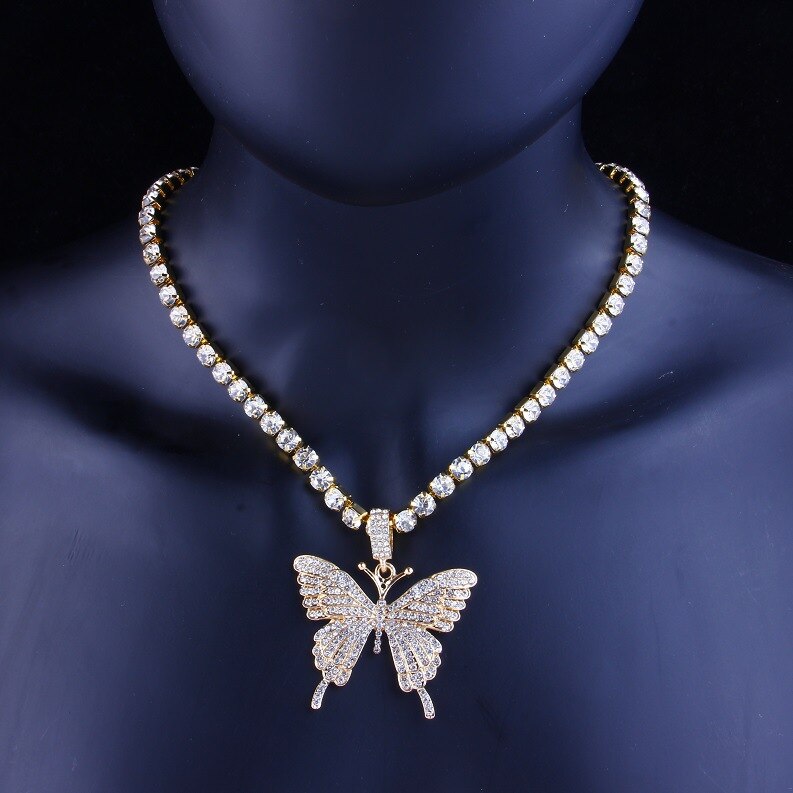 MosiMolly Rhinestone Butterfly Necklace Pendants Women Jewelery Neck Chain Choker Crystal: Gold