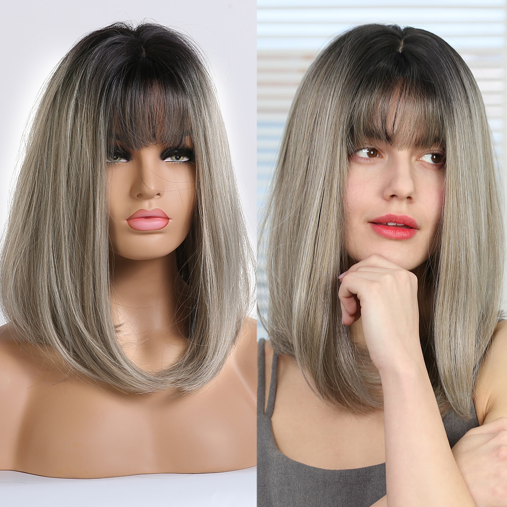 element krótki prosto pion peruki z grzywką Ombre czarny do herbata mleczna kolor peruki syntetyczne dla białych/czarnych kobiet: lc246-1