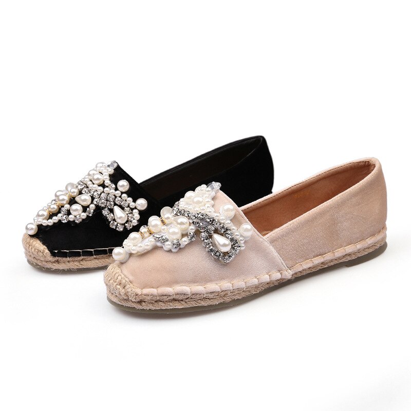 Espadrilles perlées perles décoration oxfords appartements dames or velours cristal pêcheur chaussures grande taille paille tricot creepers