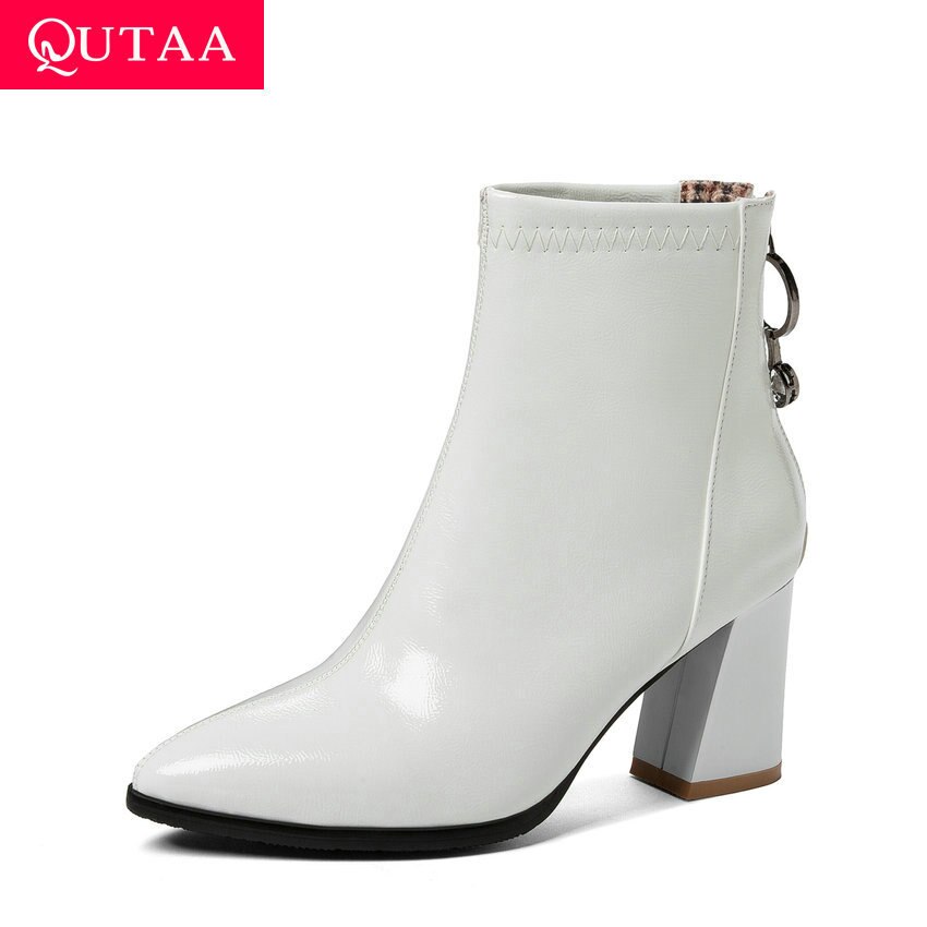 QUTAA Crystal Zipper puntiagudo Toe botines PU cuero Otoño Invierno mujeres zapatos cuadrado tacón alto botas cortas tamaño 34-43