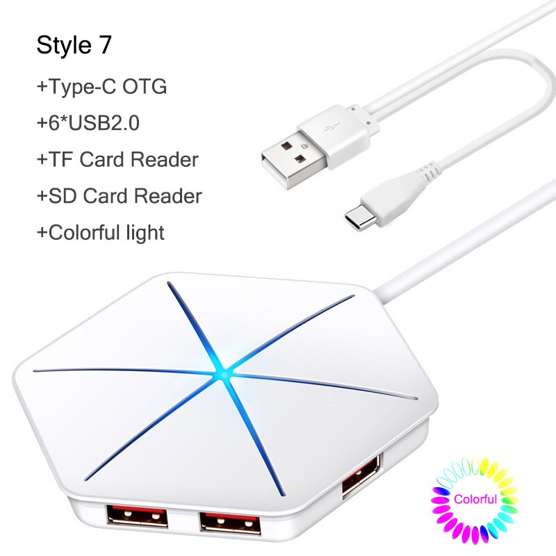 Répartiteur OTG 6 ports USB Hub, 7 modèles, avec lecteur de carte SD TF, lumière RGB Cool, USB 2.0 3.0, pour ordinateur de bureau et portable: S7 White USBC Reader