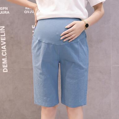 Zwangere vrouwen zomer katoen en linnen korte broek effen kleur hoge taille zwangerschap knielange buikbroek shorts: Blauw / Ik