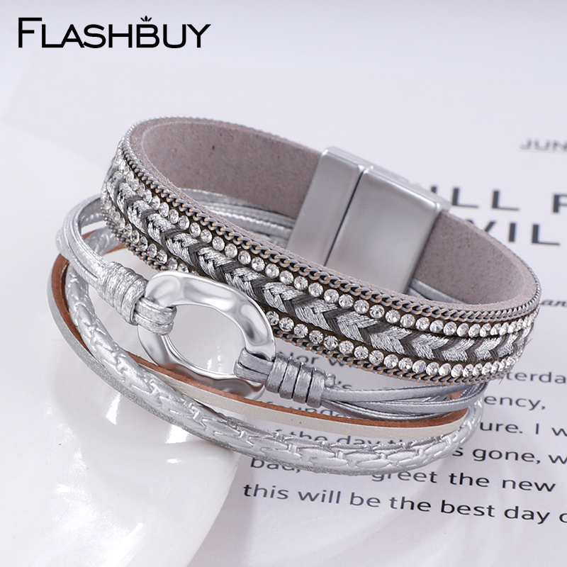 Flashbuy Rhinestone Braid Leather Bangles for Women Alloy Charms Wave Rope Female Multilayer Bracelets Female Bracelet