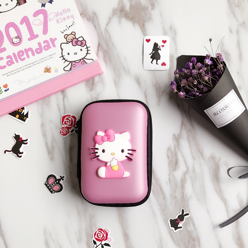 Mini BOLSA PARA auriculares con dibujos animados, organizador de cables USB, funda protectora para auriculares con cremallera, bolsa de almacenamiento para auriculares, monedero: Hello Kitty Pink