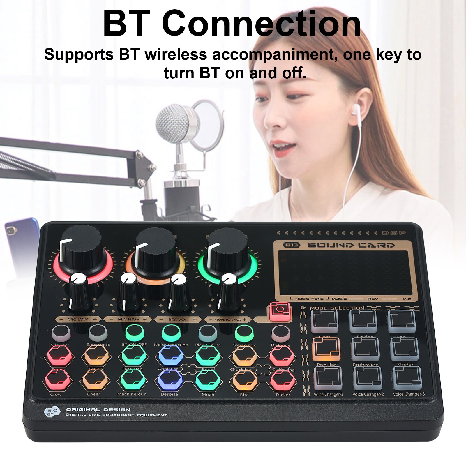 X6mini External Live Sound Card Mini Sound Mixer Board Color Backlight Buttons with 14 Special Effects BT Connection for Laptop