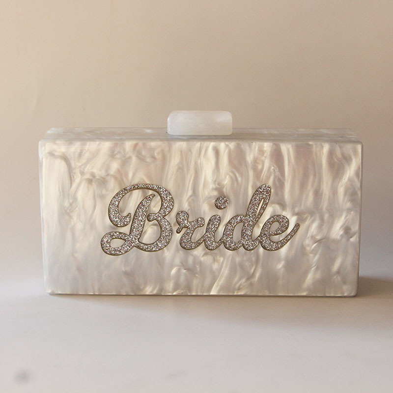 Pearl White Silver Glitter Name Bride Personal Party Beach Summer Lady Acrylic Claps Women Box Clutches Purse Wallet: o shape chain