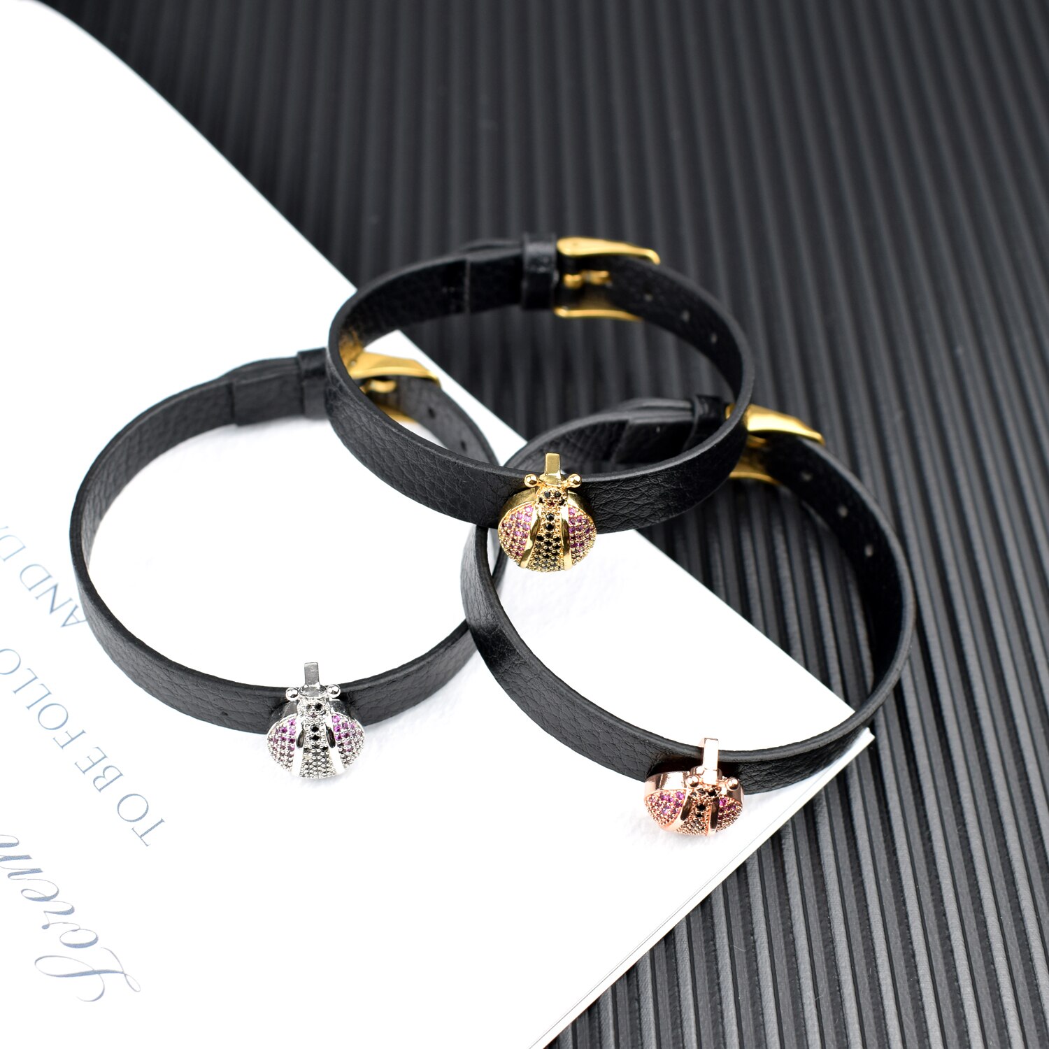 neue Marienkäfer Zirkon Charme Armbinde glänzend Sieben Sterne Marienkäfer mit Leder Armbinde für Männliche Frauen Schmuck
