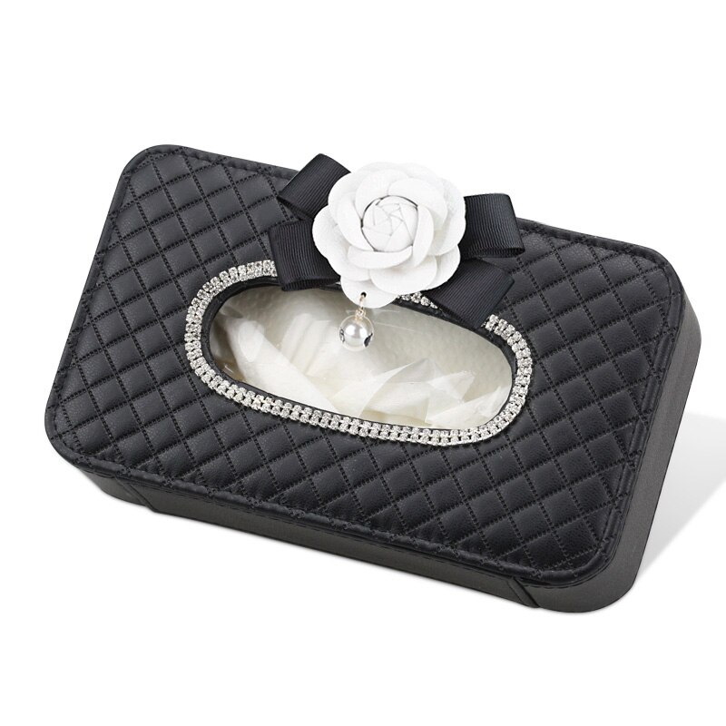 Camellia Rhinestone Car Sun Visor Type Car Tissue Box Holder Leather Diamante Interior Floral Paper Towel Storage Accessories