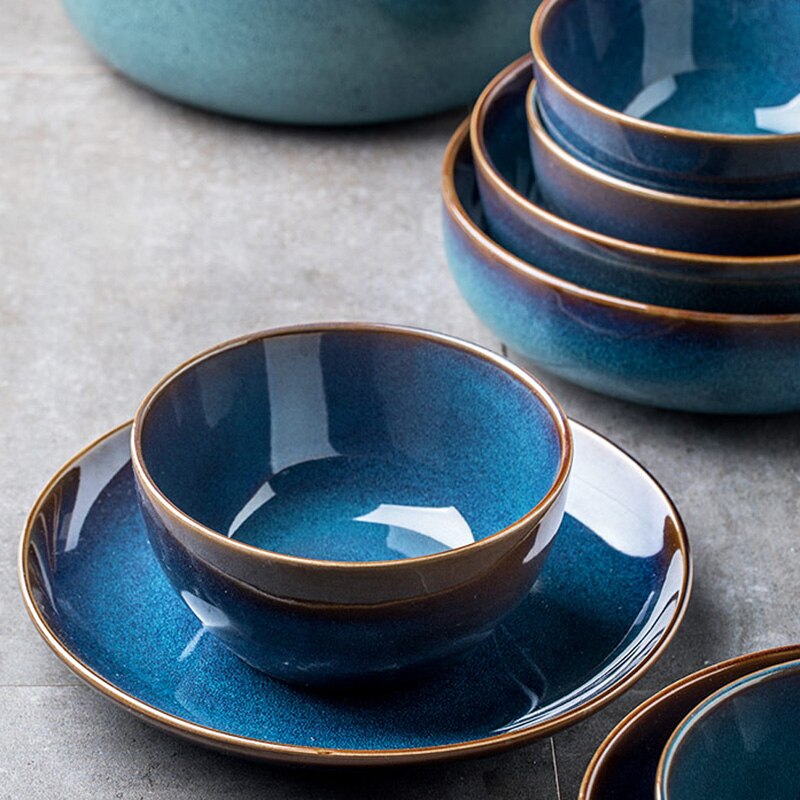 Retro ceramic tableware household dishes, dishes, steak dishes, rice bowls, soup bowls, noodle bowls, Nordic solid color Western