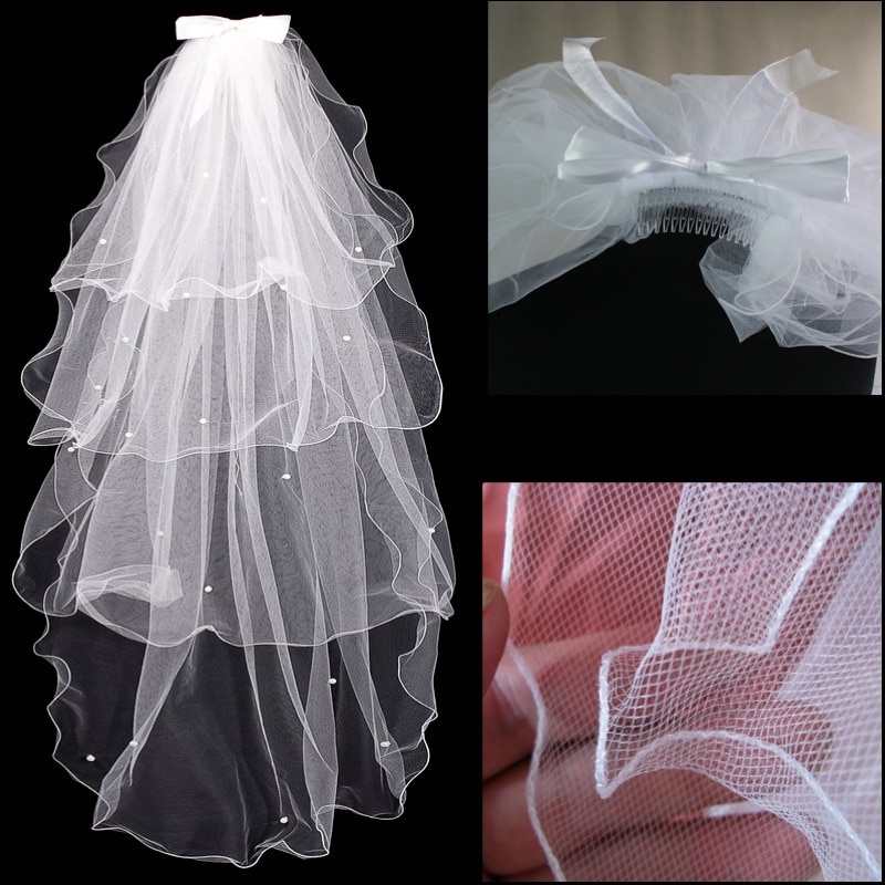 Przepiękny, czterowarstwowy welon ślubny z kokardką i perłami o długości 45 cali z grzebieniem, tani, krótki welon ślubny, welon robić koniuszków palców