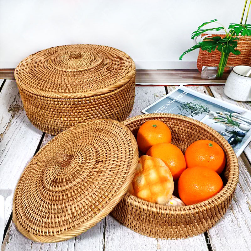 Runde Rattan Boxen mit Deckel Hand-gewebte Multi-Zweck Weide Taskleiste 11 Zoll Picknick Lebensmittel Brot Tisch Lagerung korb