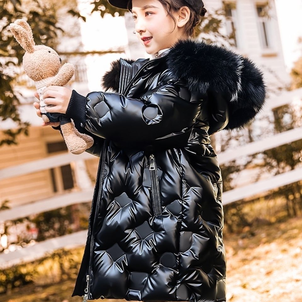 Crianças jaqueta de algodão menino meninas quente parka colorido gola de pele engrossar outerwear roupas inverno snowsuit casaco longo: Preto / 150