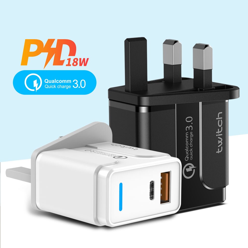 Twitch Quick Charge 3.0 18W PD USB Wall Charger for Samsung Xiaomi iPhone 11 Pro X Charging UK Adapter Fast Mobile Phone Charger