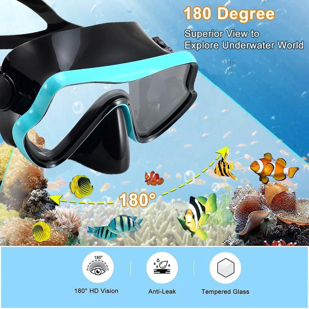 Tauchmaske Schnorchelset für Erwachsene, gehärtetes Glas, professionelle Panorama-Schnorchelausrügestochen, Schwimmtraining, Schnorchelset