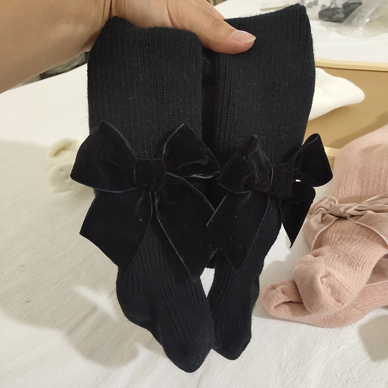 Große samt Band bowknot seite Baby mädchen strumpfhosen Weihnachten baumwolle Kleinkind Baby strumpfhosen für mädchen Gamaschen dicke socken: Schwarz / 2 zu 3t
