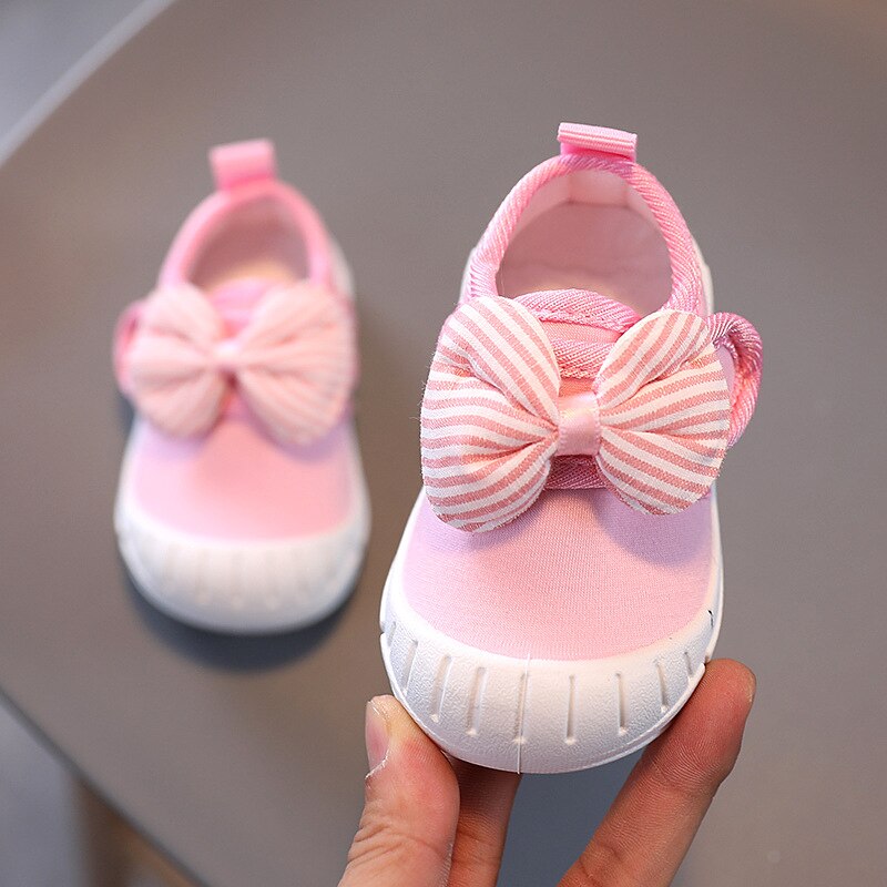 Criança sapatos de fundo macio do bebê menina casual arco pequeno das crianças respirável sapatos casuais listra bowtie sapatos primavera outono: Pink / 19 insole 13cm