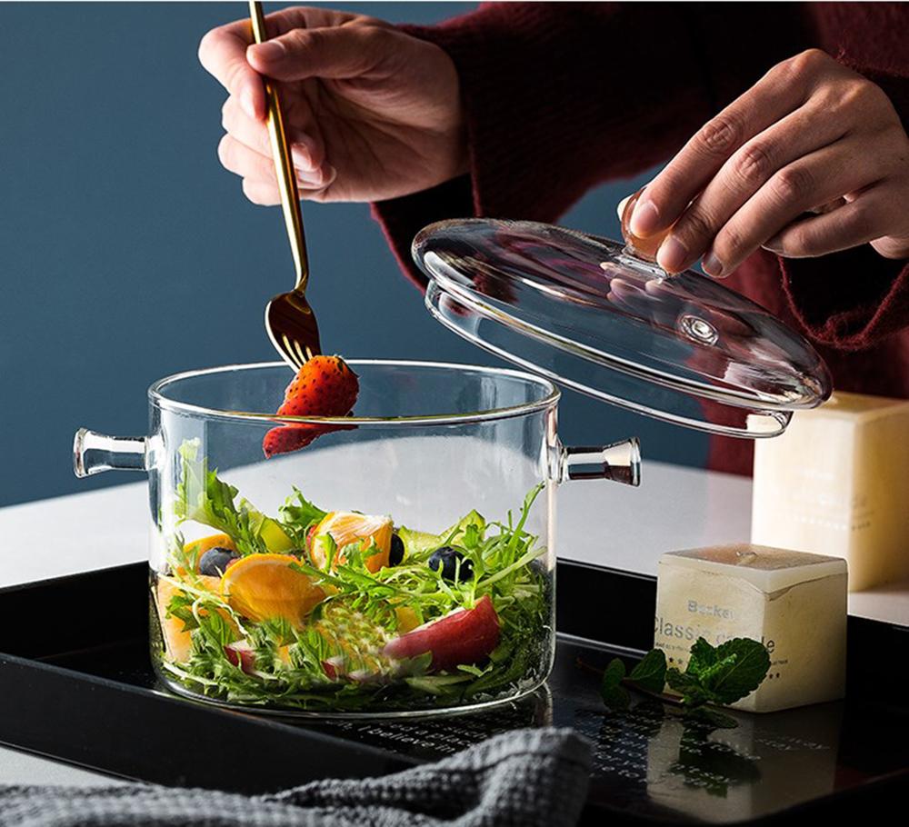 Tazón de Vidrio Grande, Cuenco de Ensalada / Cuenco de Fruta / Tazones para Mezclar / Tazón de Sopa de Ramen con Tapa y Agarre, Vidrio de Borosilicato, Apto para Microondas