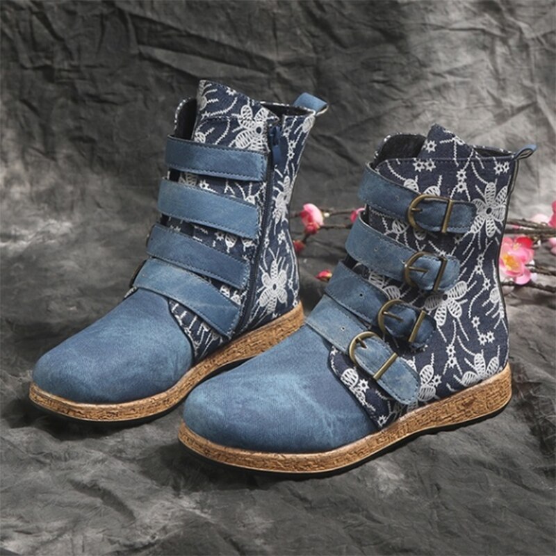 Plus size kvinder støvler kvinde efterår vinter etniske sko western cowboy stil europa og smukke retro små damer blomsterstøvler