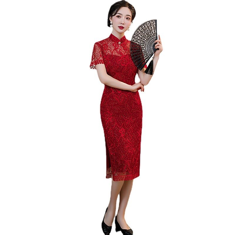 Qipao rojo para mujer, vestido chino clásico con bordado de flores, Sexy, Cheongsam de encaje, vestido largo calado de verano