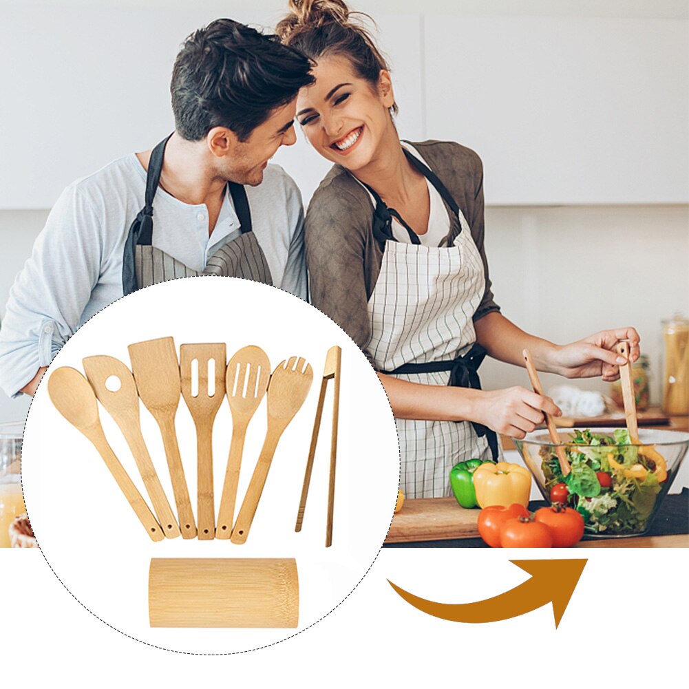 Kitchen Utensil Set Home Multifunctional Easy Clean With Holder Spoons Baking Stirring For Cookware Spatula Frying Bamboo Mixing: B