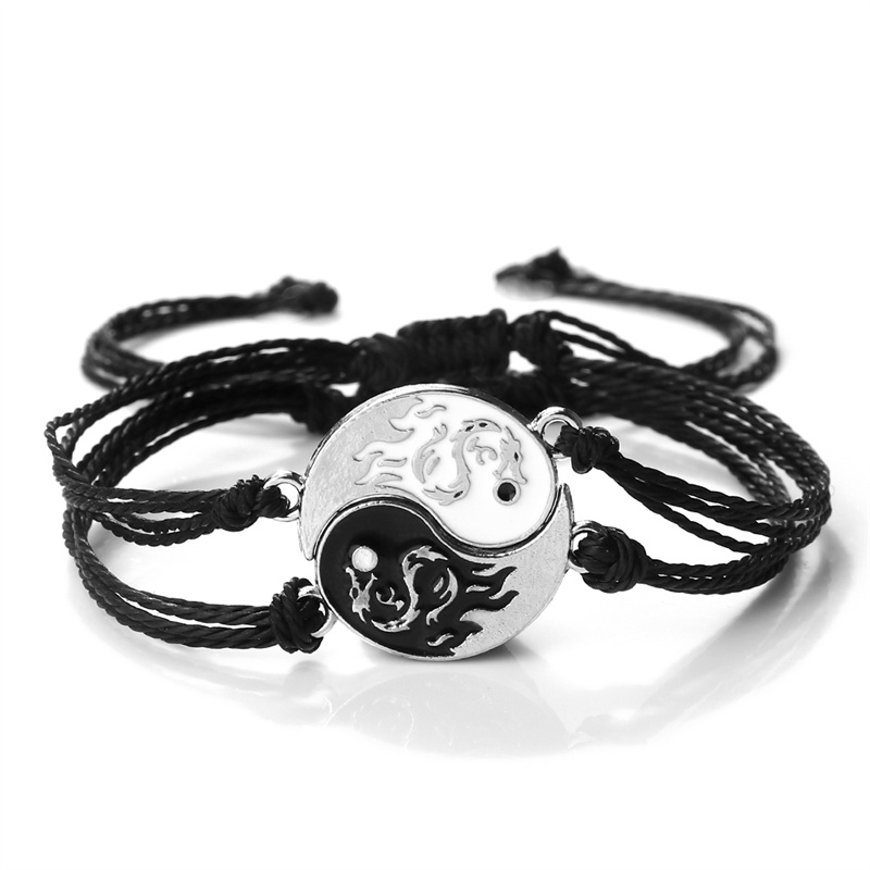 Draken Tai Chi Vlechtarmband Set - 2 Stuks - Yin Yang Koppel Armbanden: Zwart Pistool Verguld