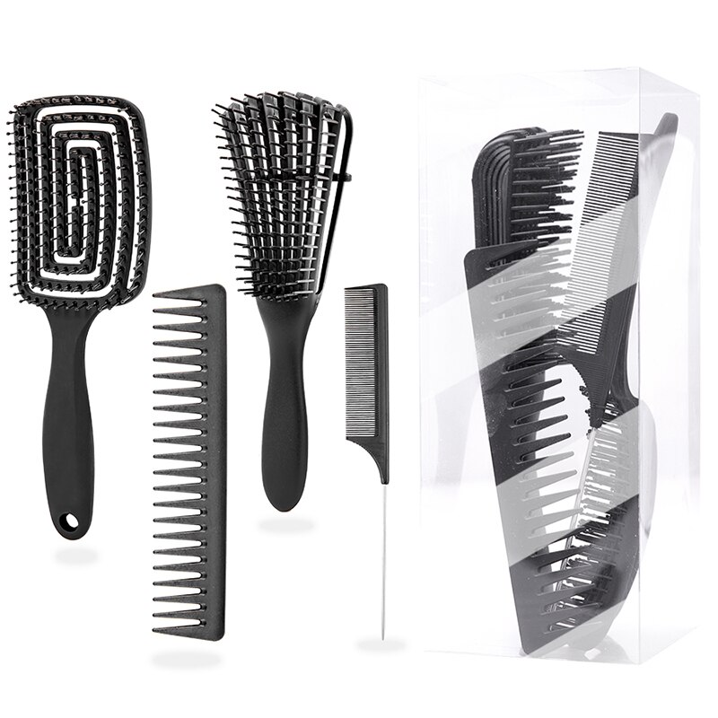 Detangling borste 4 delar hårborste set för afro lockigt krulligt långt hår knutar detangler lätt att rengöra hårvård stylingverktyg: Svart