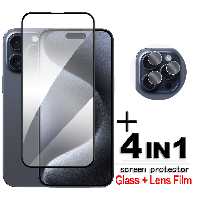 Protector de pantalla de vidrio templado para iPhone 15 Pro Max, película de lente, pegamento de cubierta completa, 2.5D