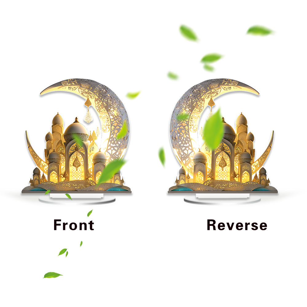 Ramadan Decor 2D Acrylic Moon Castle Decoration with Base Tabletop Centerpiece for Home Living Room Office Bookshelf