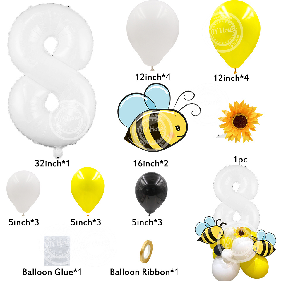 23pcs Carton Bee Balloons Tower 32inch White Number Balloon for Kids Bee Themed Happy Birthday DIY Party Decoration Supplies