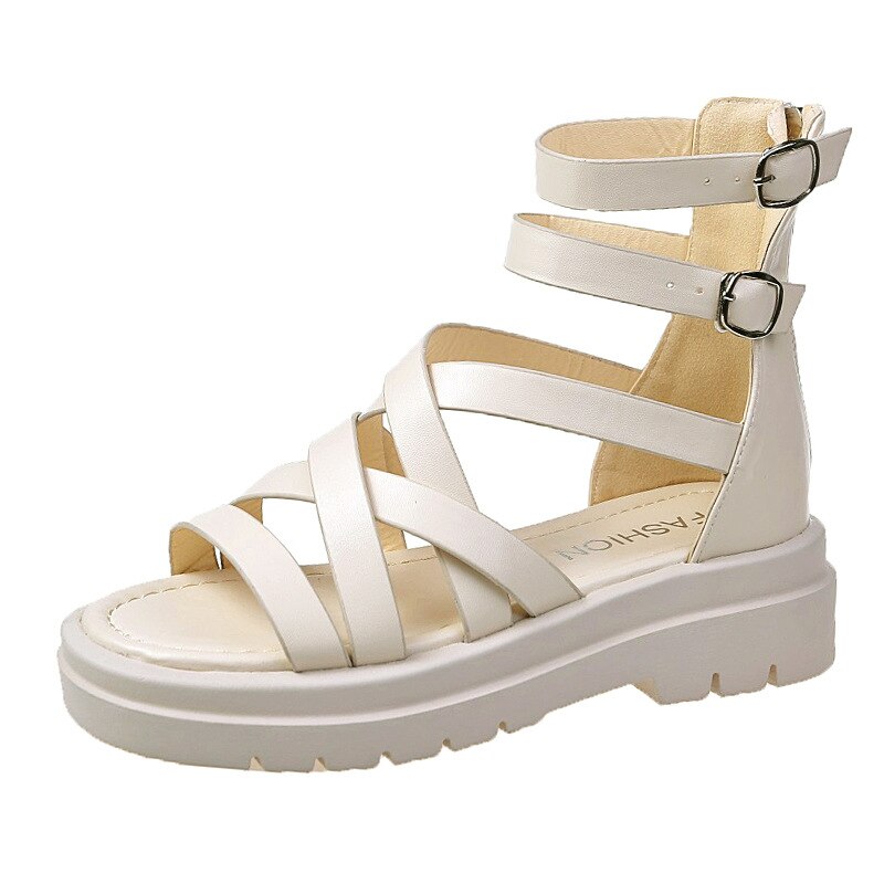 Sandalias romanas con cremallera y parte trasera plana para Mujer, calzado informal De suela gruesa, calado alto, novedad: Beige / 35