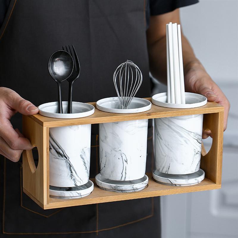 1Pc Cutlery Storage Rack Ceramic Storage Canister Marbling Tableware Rack Kitchen Accessories Chopstick Rack