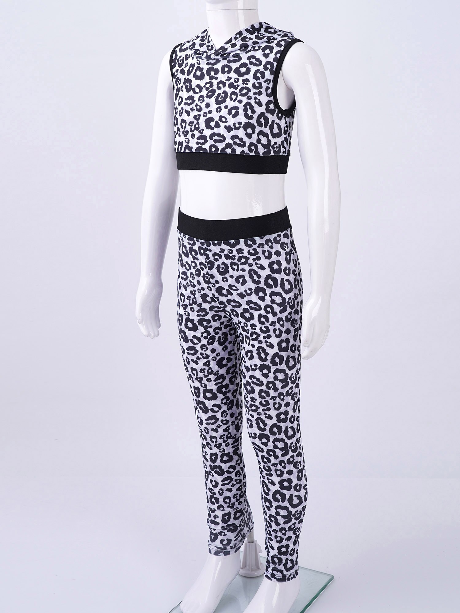 Yoga einstellen freundlicher Trainingsanzug Mädchen Fitnessstudio Anzug Leopard Gedruckt Mit Kapuze oben Hosen freundlicher Sport Kleidung Ballett Gymnastik- Outfit