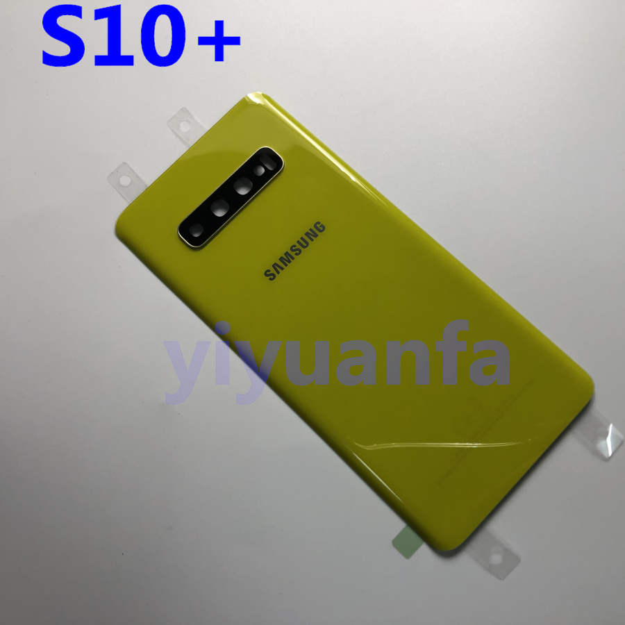 Samsung-recambio de carcasa trasera de batería para Galaxy S10, G973, S10 Plus, G975, S10E, piezas de reparación + Marco de lente de cristal de cámara: S10 Plus yellow