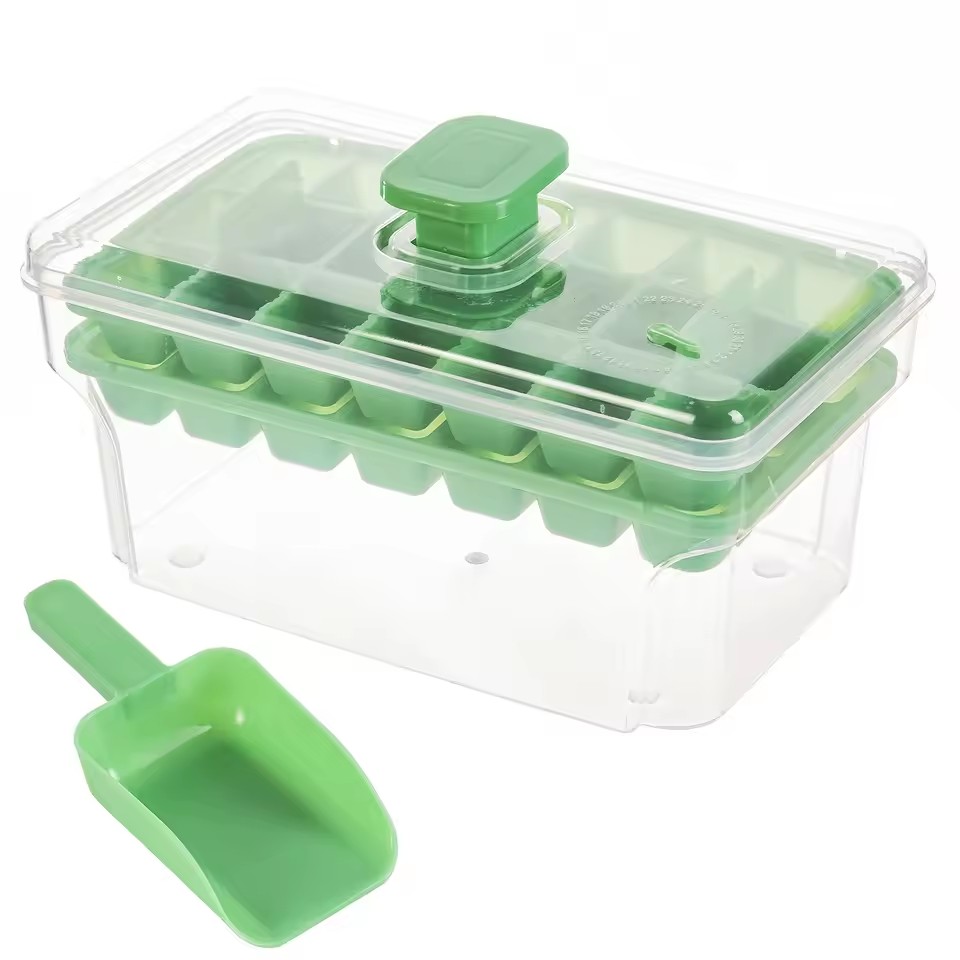 Ice Trays for Freezer with Lid & Bin, Ice Cube Tray Making 68 pcs Ice Cubes, Easy Press to Release Ice: green