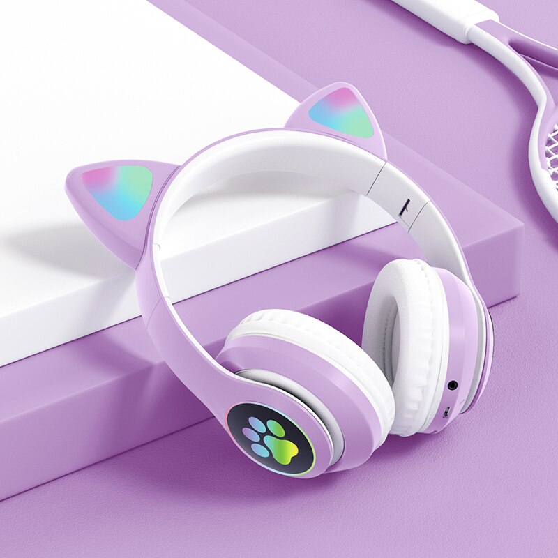Cat Ear Wireless Headphones Bluetooth 5.0 RGB Earphones Bass Noise Cancelling Adults Kids Girl Headset Support TF Card Casco Mic: Purple White